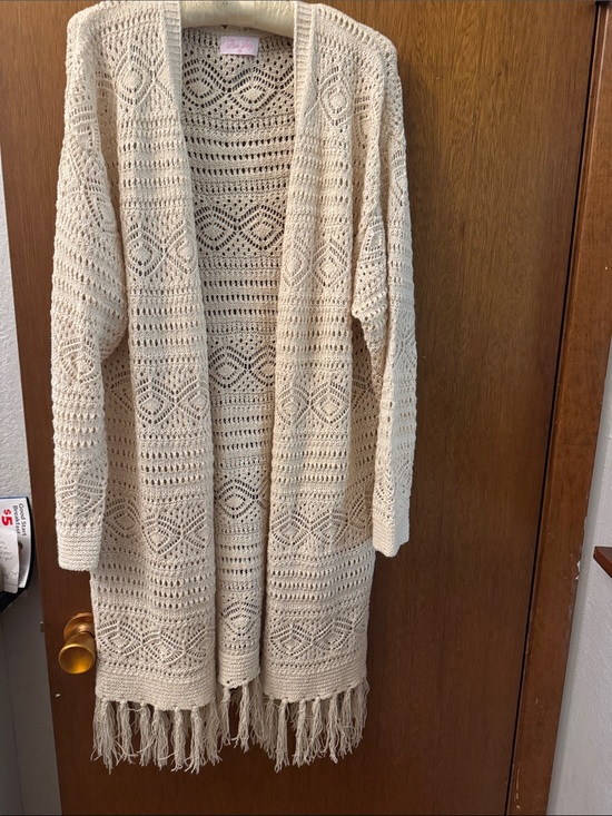 Pink Lily Sweaters - Pink Lily Cream Open-Front Crochet Fringe Cardigan Sweater
